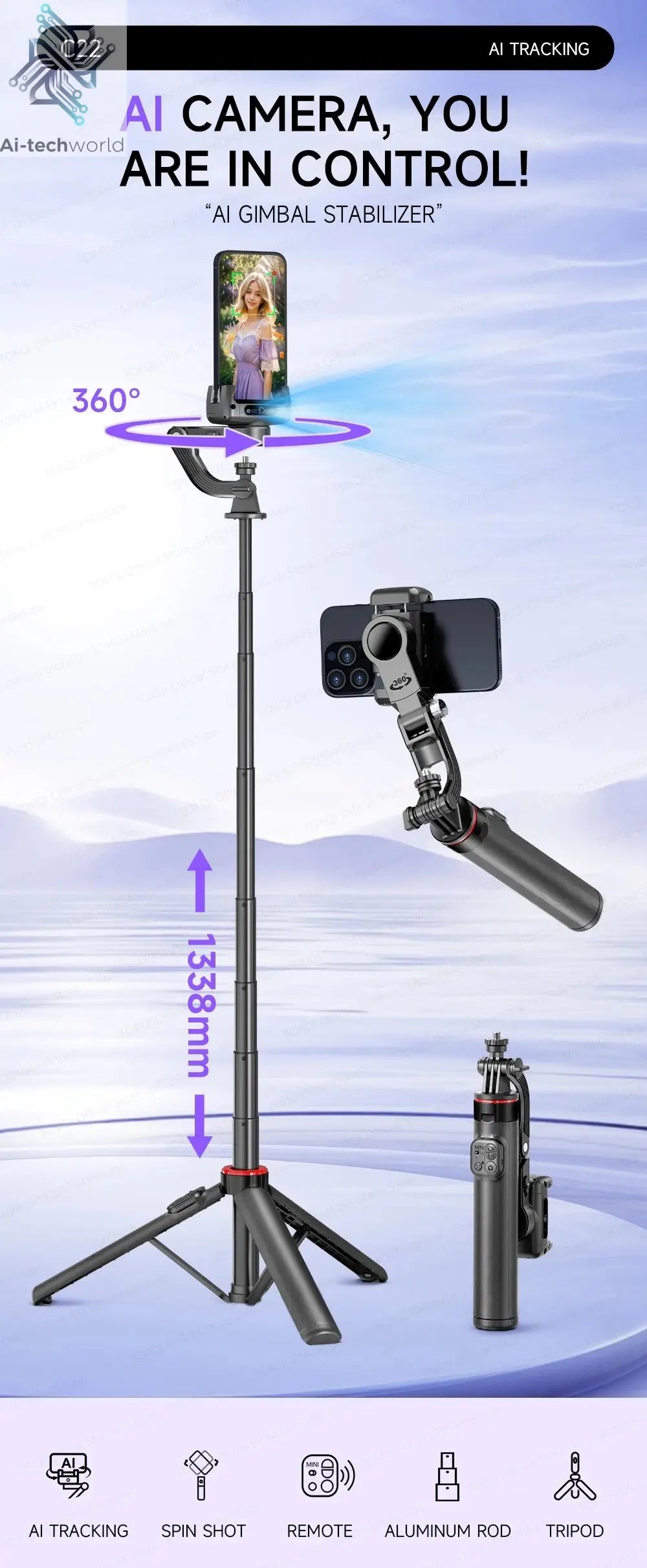 AI Tracking Deskpot Gimbal Tripod with Extendable Selfie Stick for Moble Phones Vlog, 360° Rotational Shoot with Wireless Remote Ai-TechWorld 