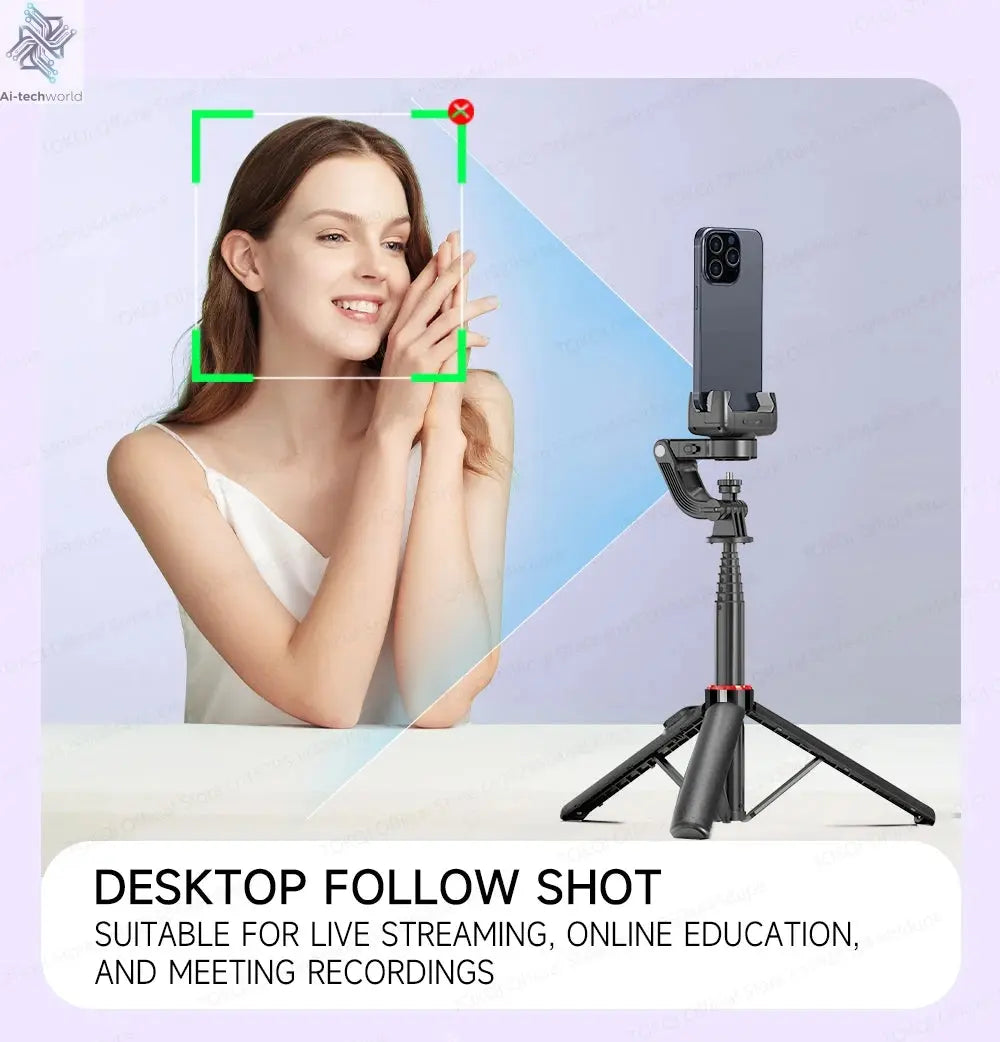 AI Tracking Deskpot Gimbal Tripod with Extendable Selfie Stick for Moble Phones Vlog, 360° Rotational Shoot with Wireless Remote Ai-TechWorld 