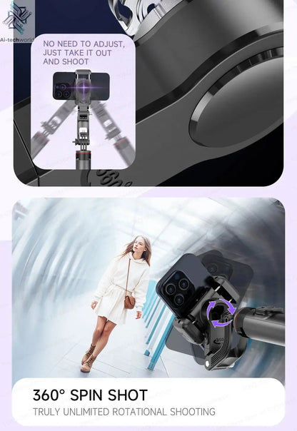 AI Tracking Deskpot Gimbal Tripod with Extendable Selfie Stick for Moble Phones Vlog, 360° Rotational Shoot with Wireless Remote Ai-TechWorld 