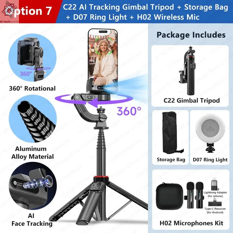 AI Tracking Deskpot Gimbal Tripod with Extendable Selfie Stick for Moble Phones Vlog, 360° Rotational Shoot with Wireless Remote Ai-TechWorld 