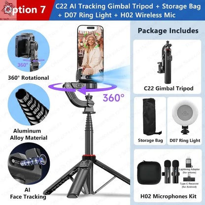 AI Tracking Deskpot Gimbal Tripod with Extendable Selfie Stick for Moble Phones Vlog, 360° Rotational Shoot with Wireless Remote Ai-TechWorld 