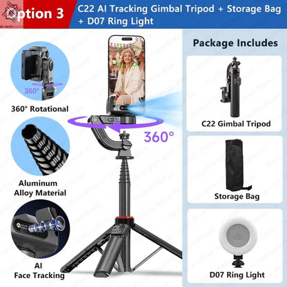 AI Tracking Deskpot Gimbal Tripod with Extendable Selfie Stick for Moble Phones Vlog, 360° Rotational Shoot with Wireless Remote Ai-TechWorld 