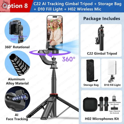 AI Tracking Deskpot Gimbal Tripod with Extendable Selfie Stick for Moble Phones Vlog, 360° Rotational Shoot with Wireless Remote Ai-TechWorld 