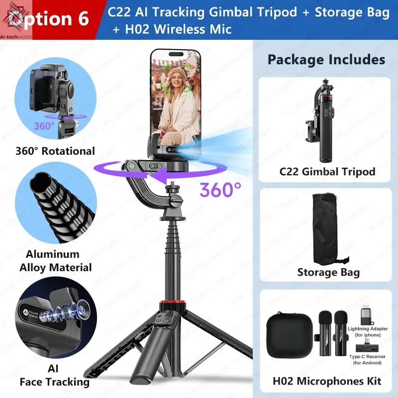 AI Tracking Deskpot Gimbal Tripod with Extendable Selfie Stick for Moble Phones Vlog, 360° Rotational Shoot with Wireless Remote Ai-TechWorld 