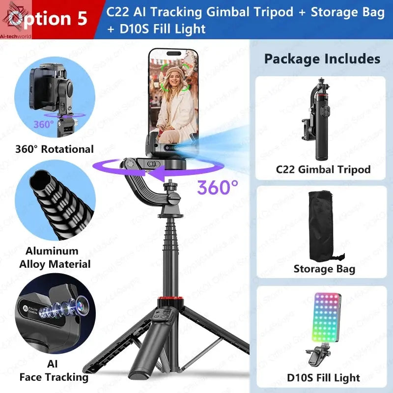 AI Tracking Deskpot Gimbal Tripod with Extendable Selfie Stick for Moble Phones Vlog, 360° Rotational Shoot with Wireless Remote Ai-TechWorld 
