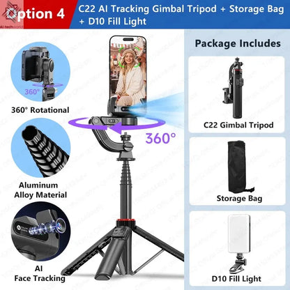 AI Tracking Deskpot Gimbal Tripod with Extendable Selfie Stick for Moble Phones Vlog, 360° Rotational Shoot with Wireless Remote Ai-TechWorld 