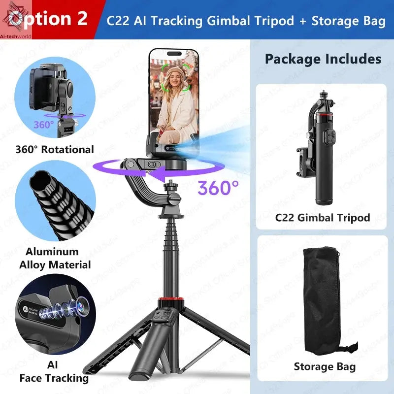 AI Tracking Deskpot Gimbal Tripod with Extendable Selfie Stick for Moble Phones Vlog, 360° Rotational Shoot with Wireless Remote Ai-TechWorld 