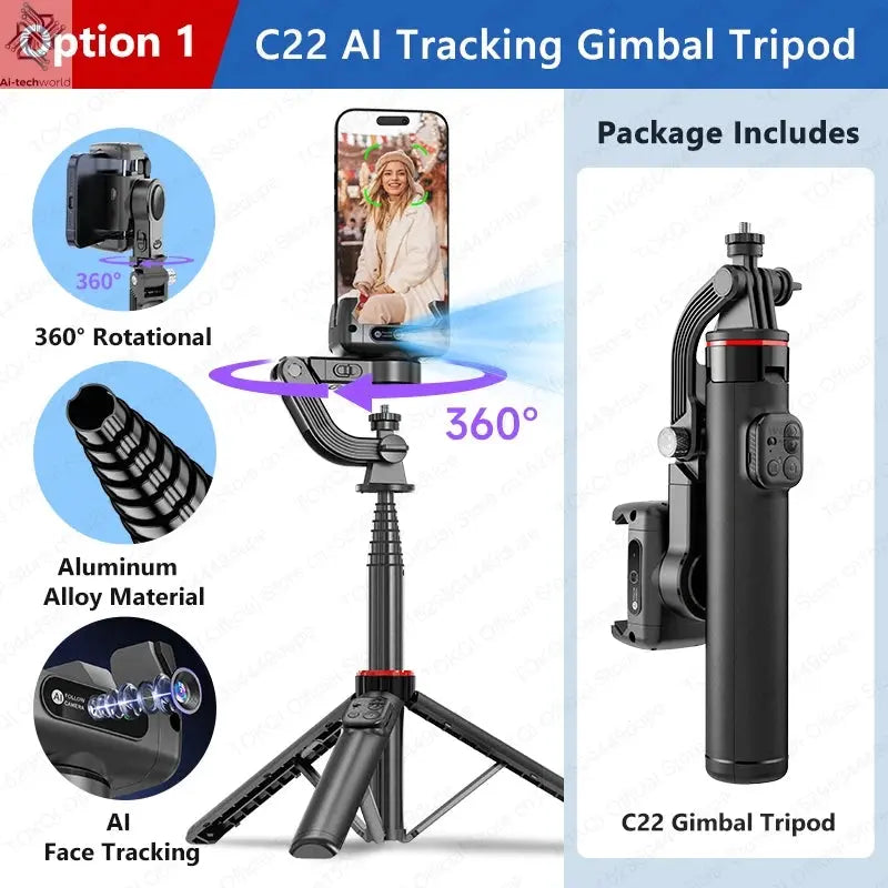 AI Tracking Deskpot Gimbal Tripod with Extendable Selfie Stick for Moble Phones Vlog, 360° Rotational Shoot with Wireless Remote Ai-TechWorld 