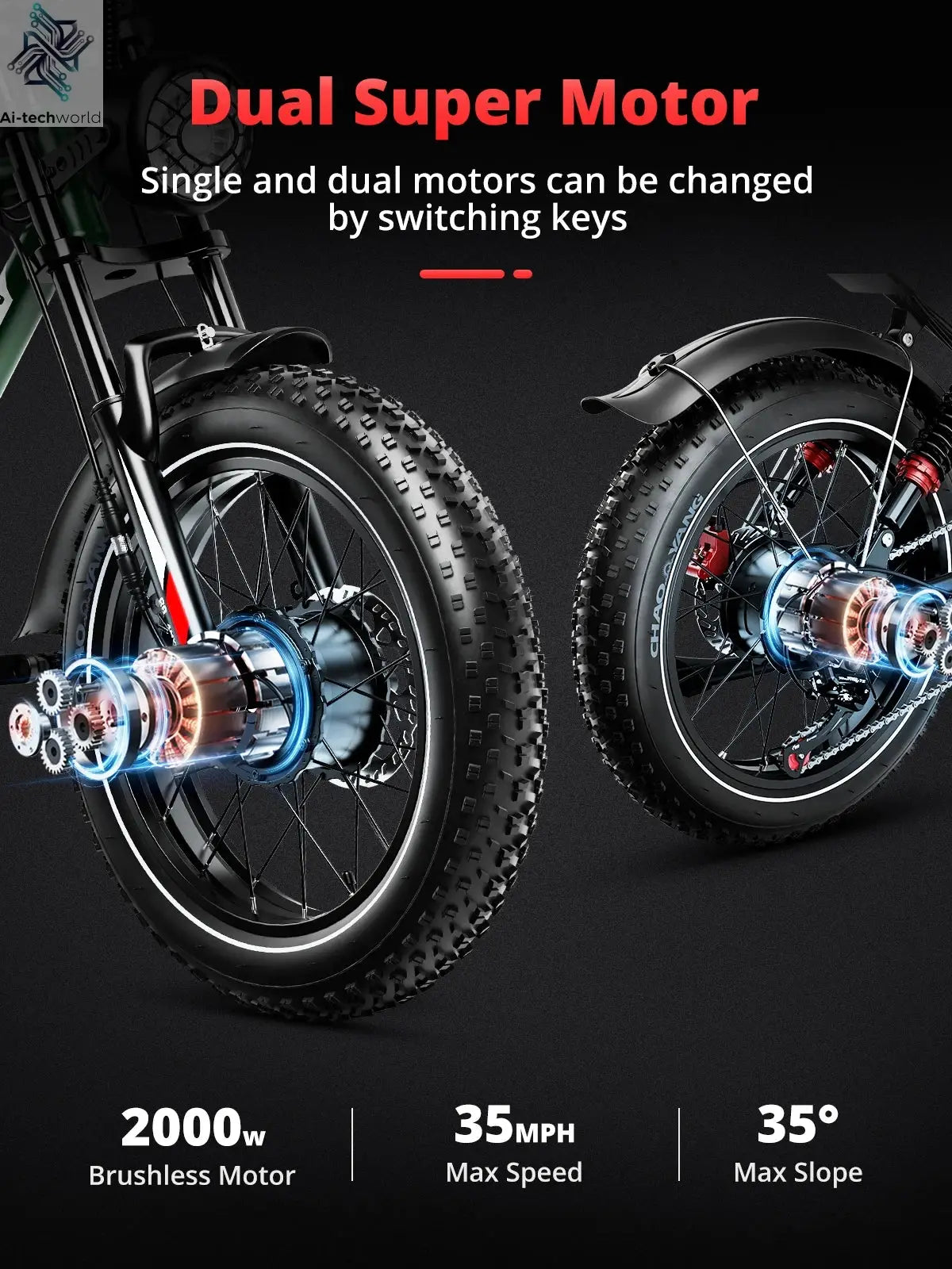 AMYET S8 Adults Electric Bike For Men 2000W Dual Motor Bicycle 48V 25AH Battery 20" Ebike Electric E Bikes Mountain Moped Ebikes Ai-TechWorld 