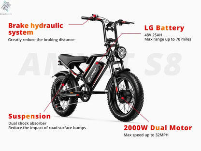AMYET S8 Adults Electric Bike For Men 2000W Dual Motor Bicycle 48V 25AH Battery 20" Ebike Electric E Bikes Mountain Moped Ebikes Ai-TechWorld 