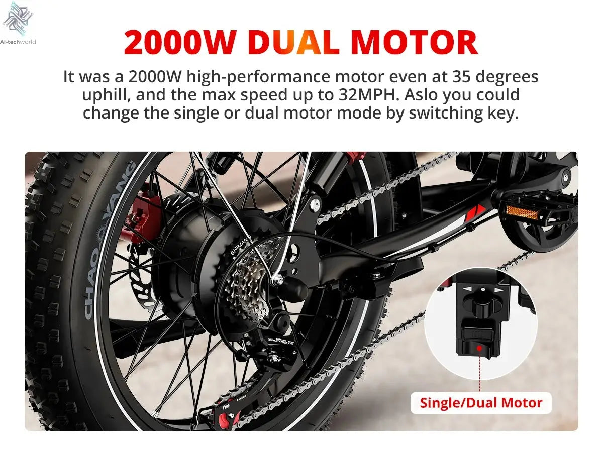 AMYET S8 Adults Electric Bike For Men 2000W Dual Motor Bicycle 48V 25AH Battery 20" Ebike Electric E Bikes Mountain Moped Ebikes Ai-TechWorld 