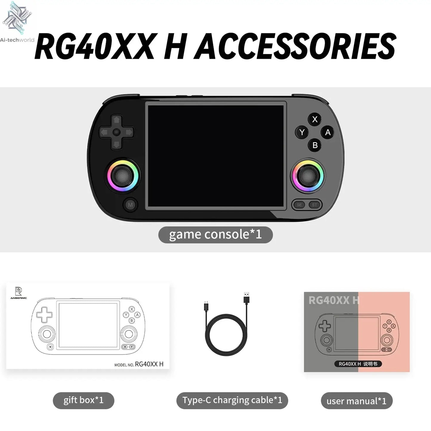 ANBERNIC RG40XX H Handheld Game Console 4'' Screen Linux System Joystick RGB Lighting Effect RG40XXH Video Player Trimui Console Ai-TechWorld 