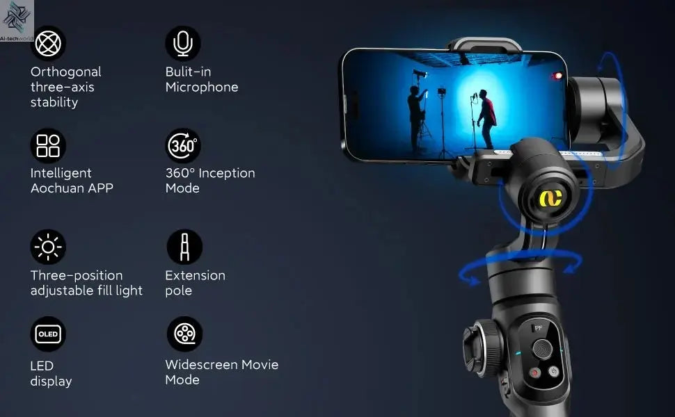 AOCHUAN SMART S2 Gimbal Stabilizer for Smartphone Professional Industry-Standard 3-Axis Phone Gimbal with Extendable Rod Ai-TechWorld