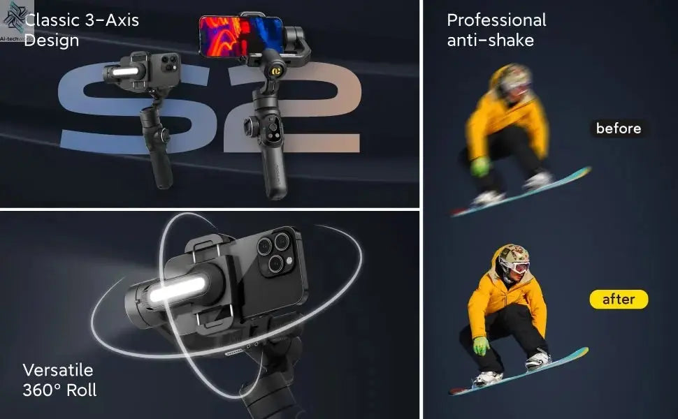 AOCHUAN SMART S2 Gimbal Stabilizer for Smartphone Professional Industry-Standard 3-Axis Phone Gimbal with Extendable Rod Ai-TechWorld
