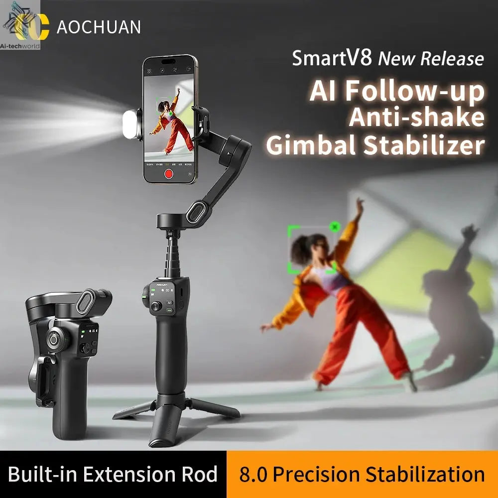 AOCHUAN Smart V8 3-Axis Handheld Gimbal Phone Stabilizer with Extension Rod Tripod Face Tracking for iPhone Android Tiktok Vlog Ai-TechWorld 