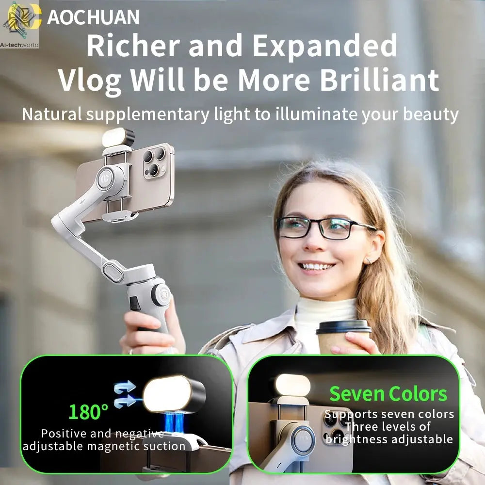 AOCHUAN Smart V8 3-Axis Handheld Gimbal Phone Stabilizer with Extension Rod Tripod Face Tracking for iPhone Android Tiktok Vlog Ai-TechWorld 
