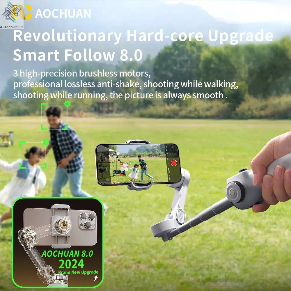 AOCHUAN Smart V8 3-Axis Handheld Gimbal Phone Stabilizer with Extension Rod Tripod Face Tracking for iPhone Android Tiktok Vlog Ai-TechWorld 