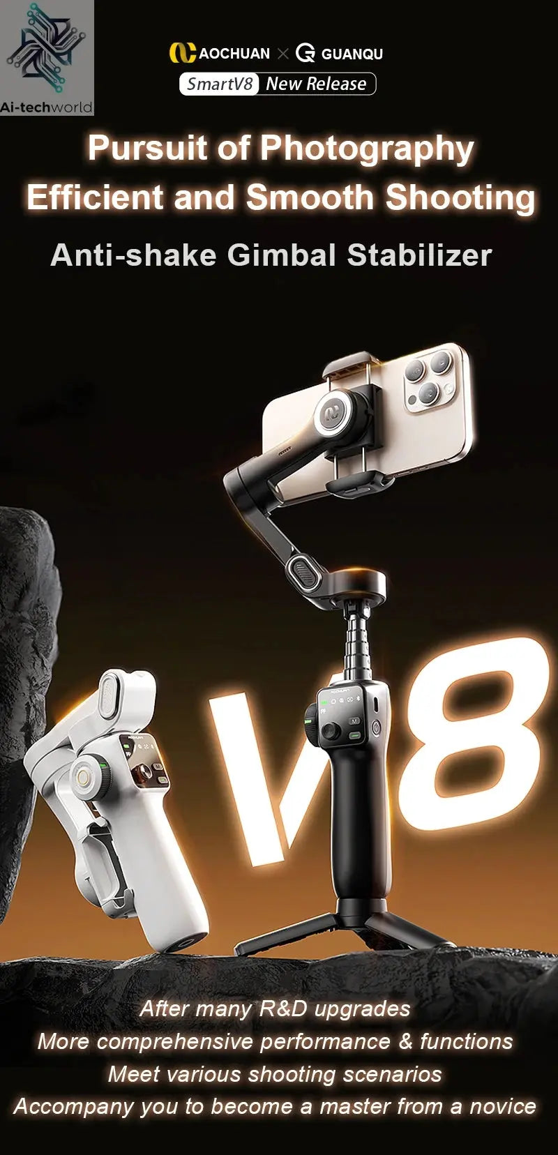 AOCHUAN Smart V8 3-Axis Handheld Gimbal Phone Stabilizer with Extension Rod Tripod Face Tracking for iPhone Android Tiktok Vlog Ai-TechWorld 
