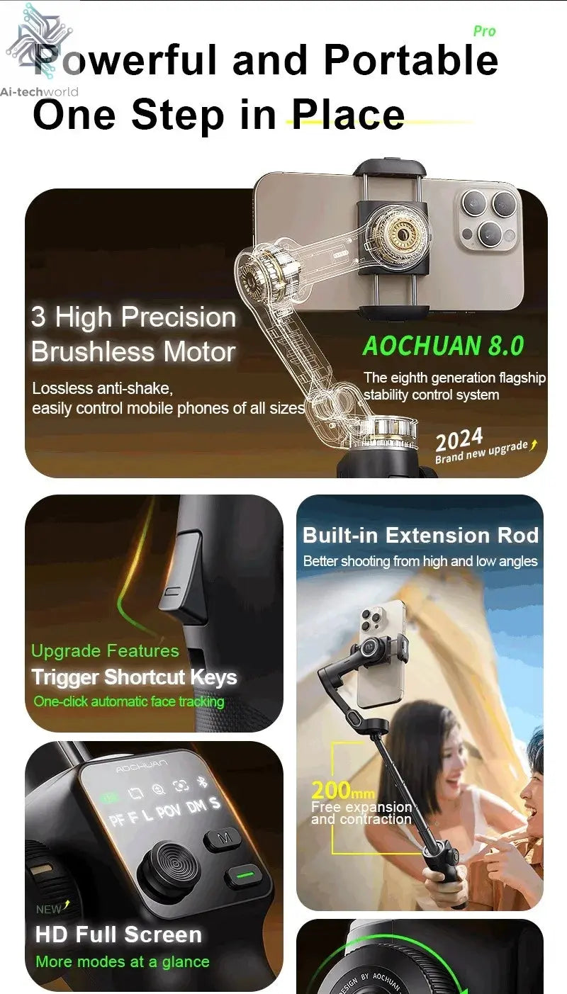 AOCHUAN Smart V8 3-Axis Handheld Gimbal Phone Stabilizer with Extension Rod Tripod Face Tracking for iPhone Android Tiktok Vlog Ai-TechWorld 