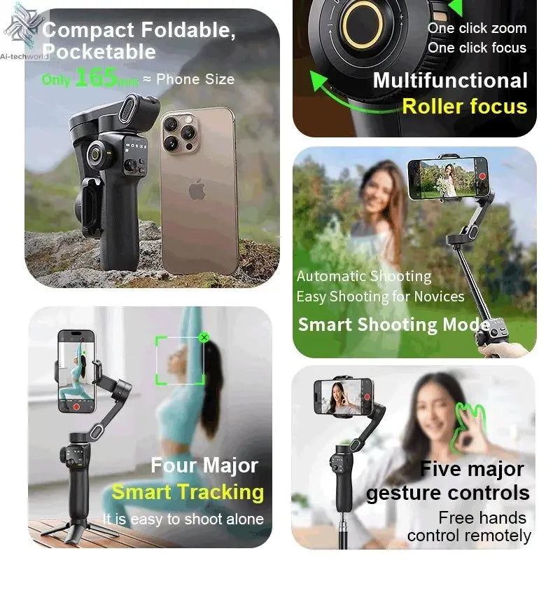 AOCHUAN Smart V8 3-Axis Handheld Gimbal Phone Stabilizer with Extension Rod Tripod Face Tracking for iPhone Android Tiktok Vlog Ai-TechWorld 