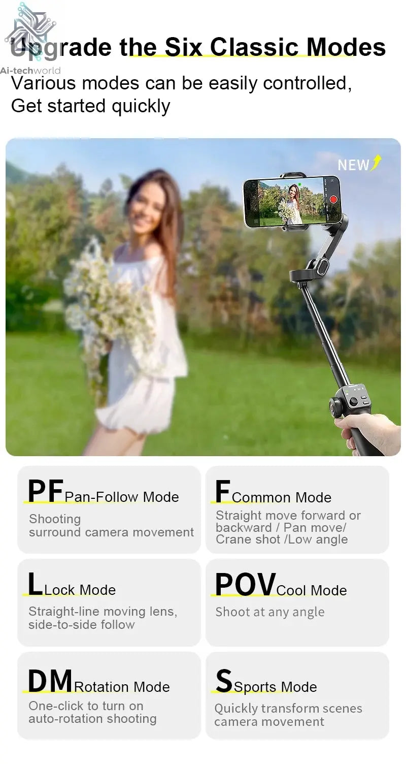 AOCHUAN Smart V8 3-Axis Handheld Gimbal Phone Stabilizer with Extension Rod Tripod Face Tracking for iPhone Android Tiktok Vlog Ai-TechWorld 