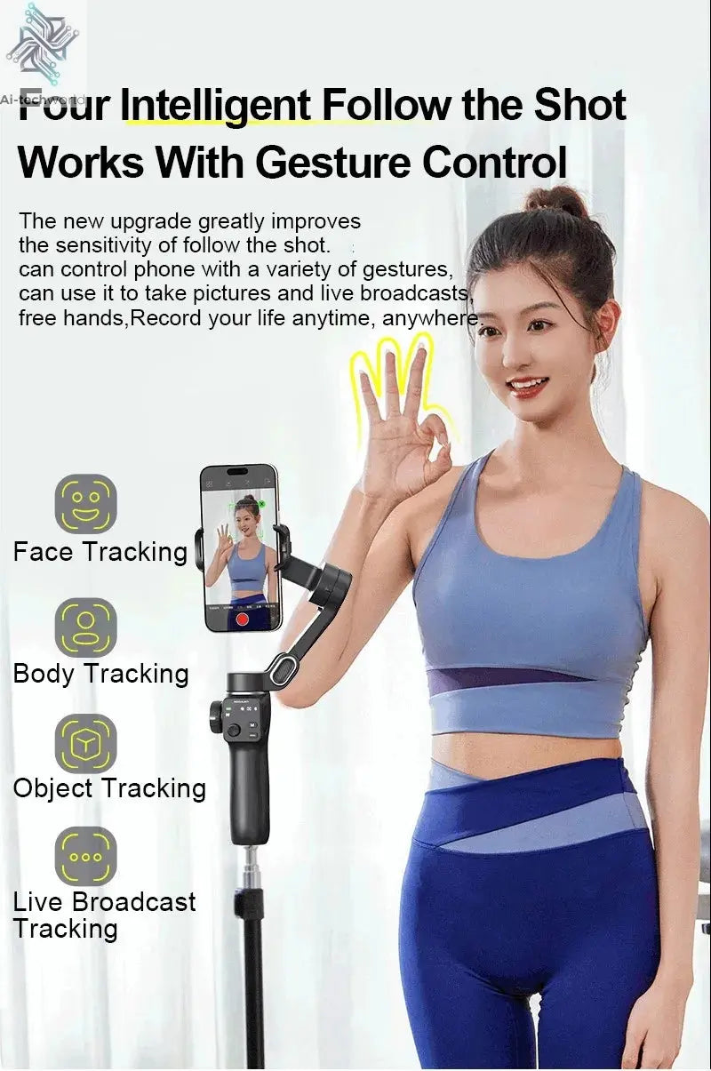 AOCHUAN Smart V8 3-Axis Handheld Gimbal Phone Stabilizer with Extension Rod Tripod Face Tracking for iPhone Android Tiktok Vlog Ai-TechWorld 