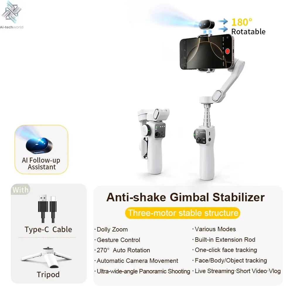 AOCHUAN Smart V8 3-Axis Handheld Gimbal Phone Stabilizer with Extension Rod Tripod Face Tracking for iPhone Android Tiktok Vlog Ai-TechWorld 