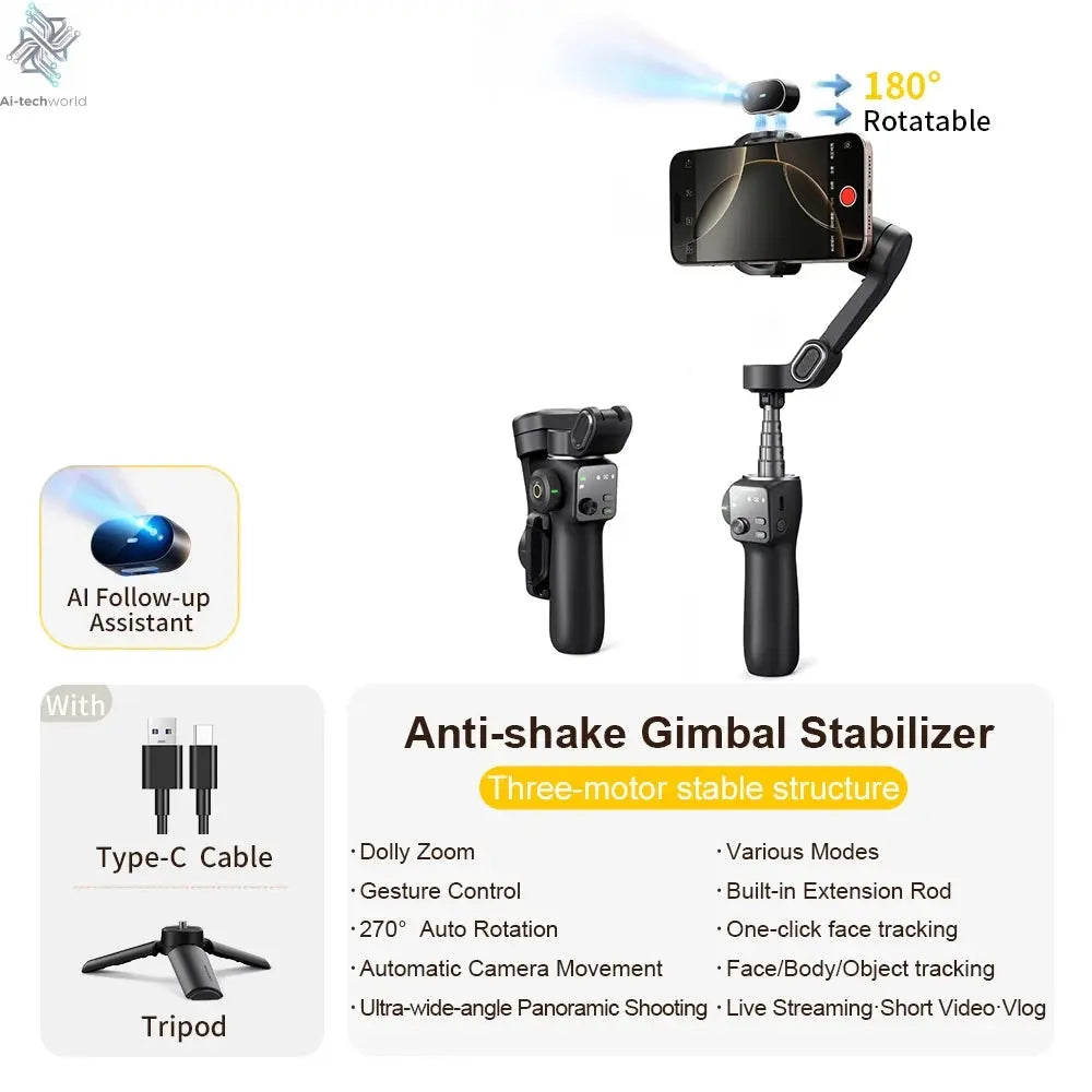 AOCHUAN Smart V8 3-Axis Handheld Gimbal Phone Stabilizer with Extension Rod Tripod Face Tracking for iPhone Android Tiktok Vlog Ai-TechWorld 