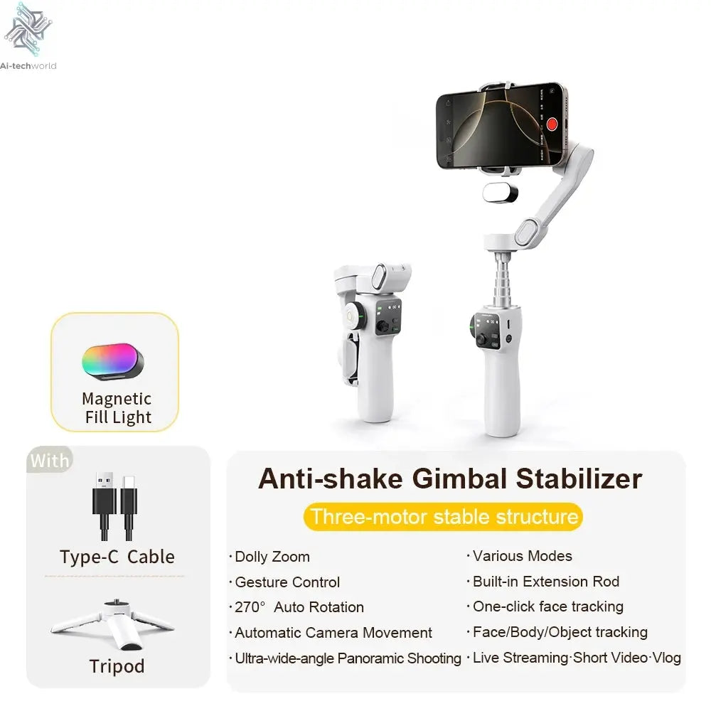 AOCHUAN Smart V8 3-Axis Handheld Gimbal Phone Stabilizer with Extension Rod Tripod Face Tracking for iPhone Android Tiktok Vlog Ai-TechWorld 