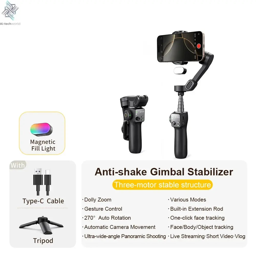 AOCHUAN Smart V8 3-Axis Handheld Gimbal Phone Stabilizer with Extension Rod Tripod Face Tracking for iPhone Android Tiktok Vlog Ai-TechWorld 