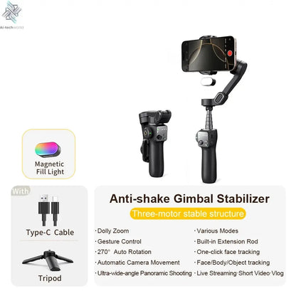 AOCHUAN Smart V8 3-Axis Handheld Gimbal Phone Stabilizer with Extension Rod Tripod Face Tracking for iPhone Android Tiktok Vlog Ai-TechWorld 