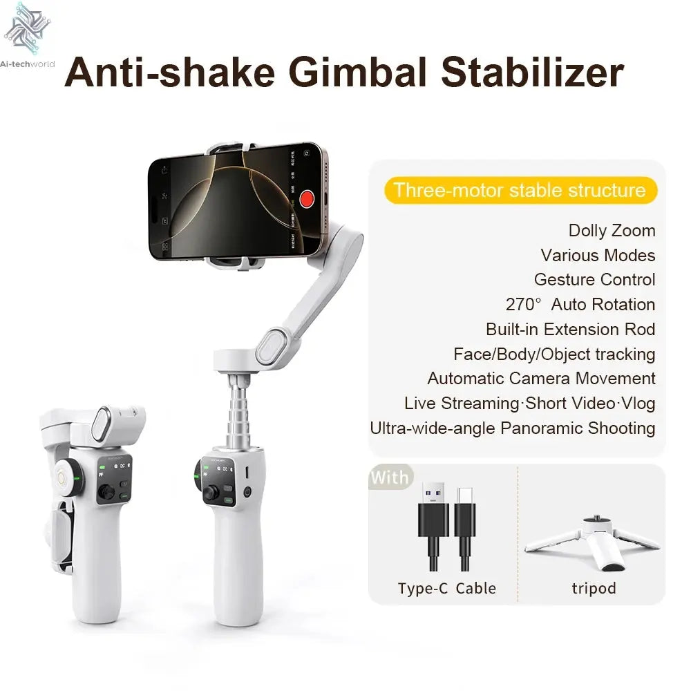 AOCHUAN Smart V8 3-Axis Handheld Gimbal Phone Stabilizer with Extension Rod Tripod Face Tracking for iPhone Android Tiktok Vlog Ai-TechWorld 