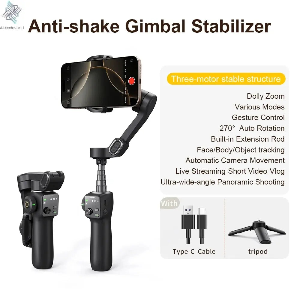 AOCHUAN Smart V8 3-Axis Handheld Gimbal Phone Stabilizer with Extension Rod Tripod Face Tracking for iPhone Android Tiktok Vlog Ai-TechWorld 
