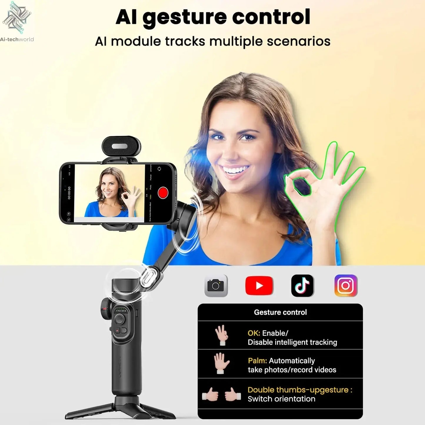 AOCHUAN Smart XE AI Version Gimbal Stabilizer for Smartphone,NO APP AI Tracking gesture control gimbal with TikTok YouTube - Ai - TechWorld