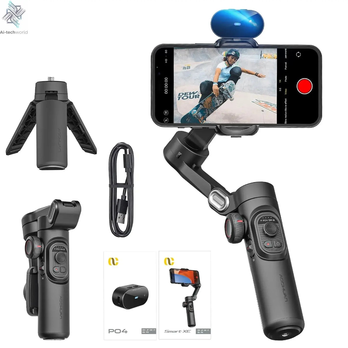 AOCHUAN Smart XE AI Version Gimbal Stabilizer for Smartphone,NO APP AI Tracking gesture control gimbal with TikTok YouTube - Ai - TechWorld
