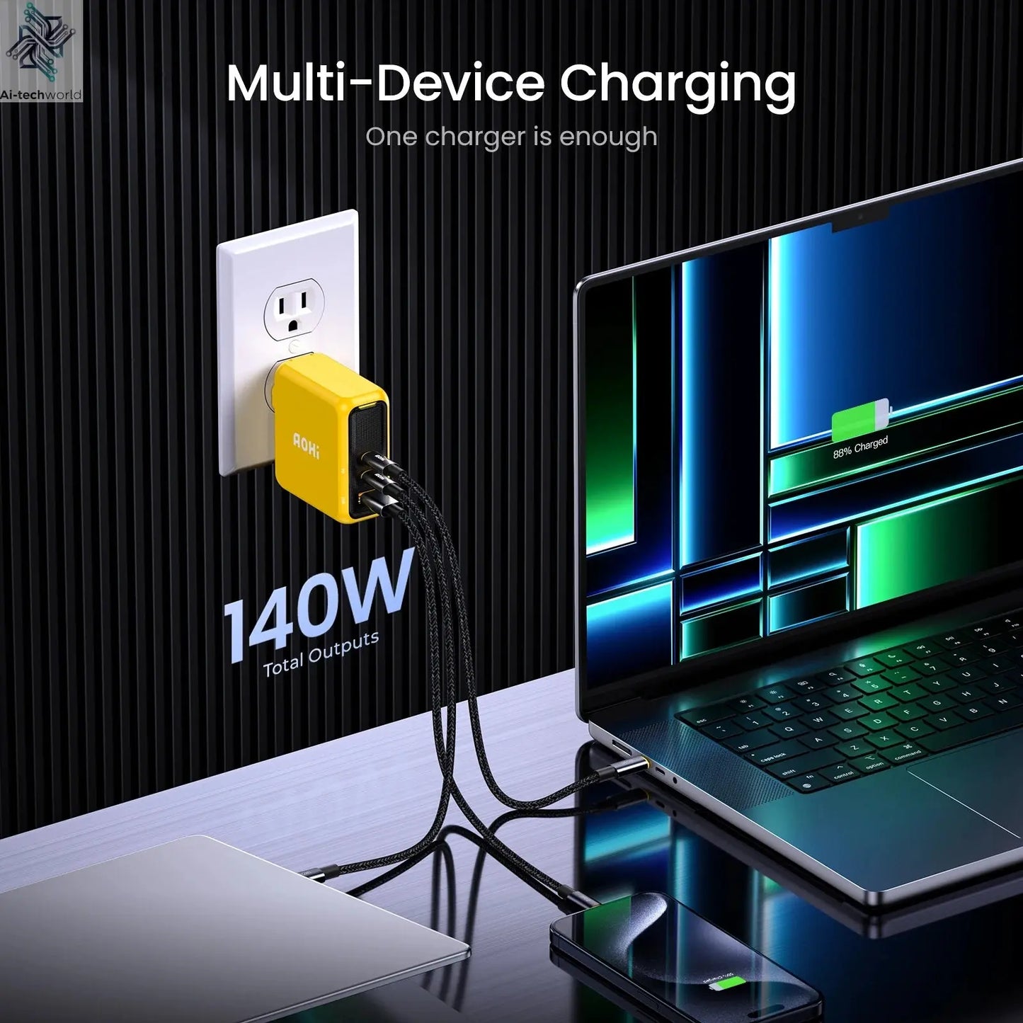 AOHI Magcube Pro 140W GaN Charger PD3.1 3-Port USB C Charger For Macbook Pro Laptop Fast Charger For iPhone 16 Xiaomi Tablet Ai-TechWorld 
