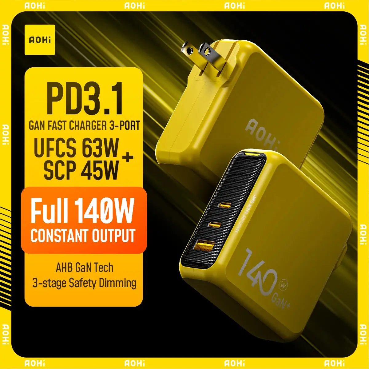 AOHI Magcube Pro 140W GaN Charger PD3.1 3-Port USB C Charger For Macbook Pro Laptop Fast Charger For iPhone 16 Xiaomi Tablet Ai-TechWorld 