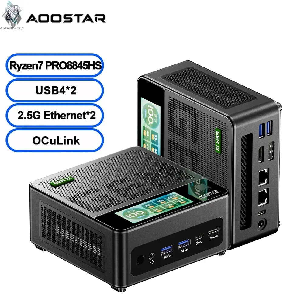 AOOSTAR GEM12+ Mini PC AMD Ryzen 7 PRO 8845HS 5.1GHz 32GB DDR5 1TB SSD Radeon 780M WiFi6 BT5.2 USB4 HDMI2.1 Mini PC Windows 11 Ai-TechWorld 
