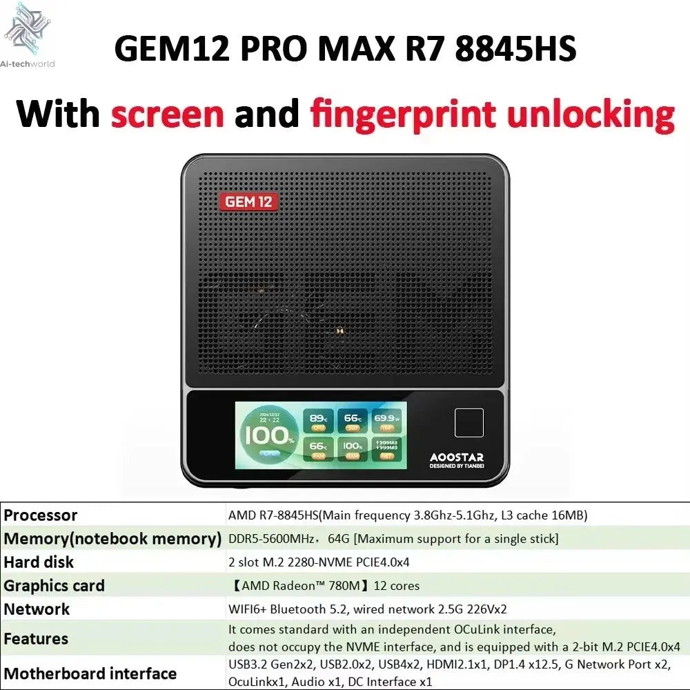 AOOSTAR GEM12+ Mini PC AMD Ryzen 7 PRO 8845HS 5.1GHz 32GB DDR5 1TB SSD Radeon 780M WiFi6 BT5.2 USB4 HDMI2.1 Mini PC Windows 11 Ai-TechWorld 