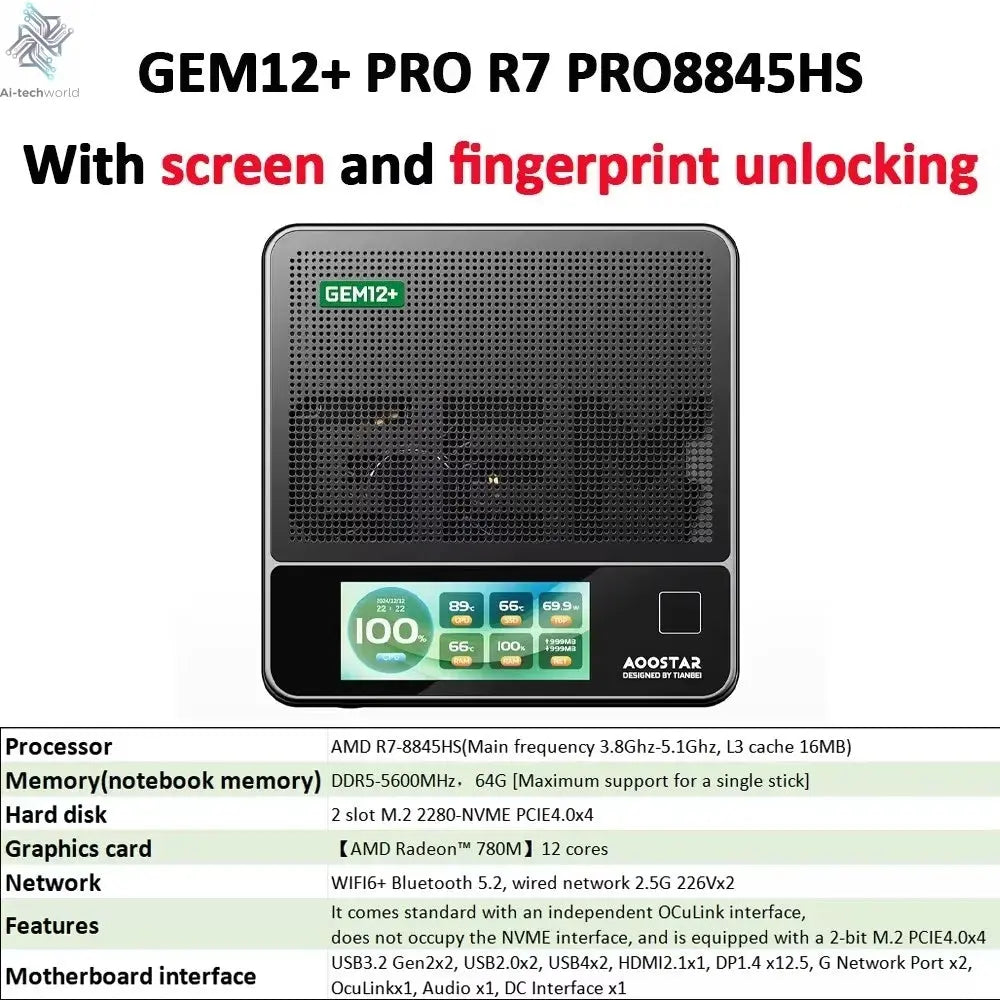 AOOSTAR GEM12+ Mini PC AMD Ryzen 7 PRO 8845HS 5.1GHz 32GB DDR5 1TB SSD Radeon 780M WiFi6 BT5.2 USB4 HDMI2.1 Mini PC Windows 11 Ai-TechWorld 
