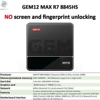 AOOSTAR GEM12+ Mini PC AMD Ryzen 7 PRO 8845HS 5.1GHz 32GB DDR5 1TB SSD Radeon 780M WiFi6 BT5.2 USB4 HDMI2.1 Mini PC Windows 11 Ai-TechWorld 