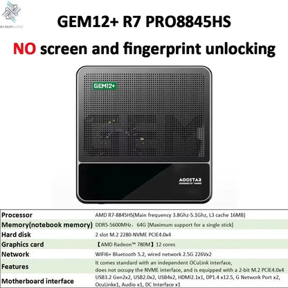 AOOSTAR GEM12+ Mini PC AMD Ryzen 7 PRO 8845HS 5.1GHz 32GB DDR5 1TB SSD Radeon 780M WiFi6 BT5.2 USB4 HDMI2.1 Mini PC Windows 11 Ai-TechWorld 
