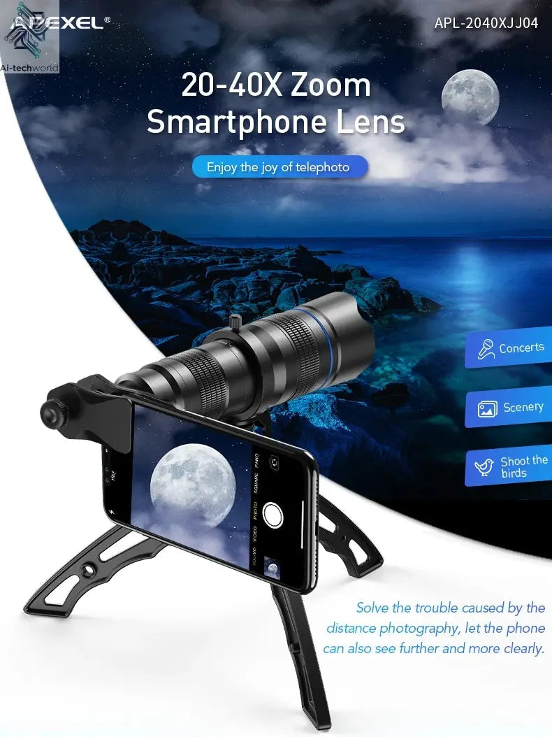 APEXEL Optional HD 20x-40x Zoom Telescope Telephoto Lens Camera Mobile Lens + Selfie Tripod for Samsung iPhone All Smartphones Ai-TechWorld 