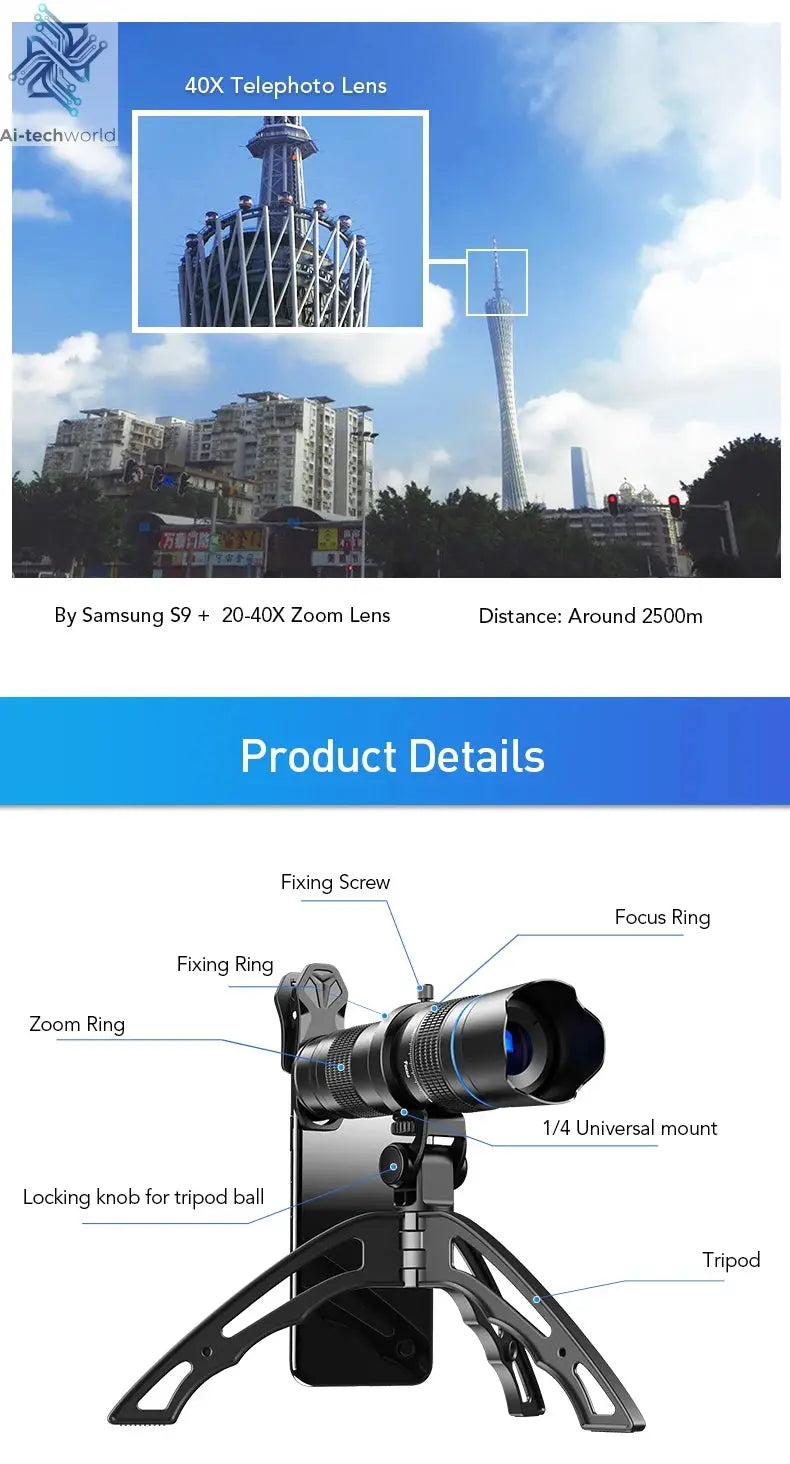 APEXEL Optional HD 20x-40x Zoom Telescope Telephoto Lens Camera Mobile Lens + Selfie Tripod for Samsung iPhone All Smartphones Ai-TechWorld 