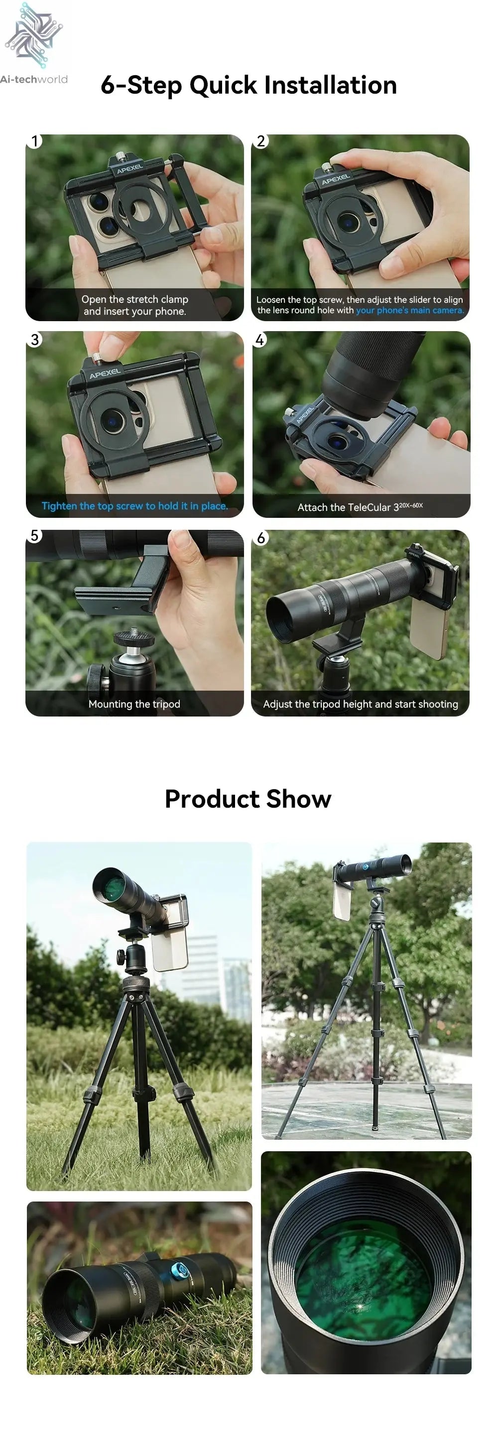APEXEL Zoom Lens 20x-60x Telephoto Telescope Lenses Universal High Power Tele for Bird-watching Camping iPhone Android Phones Ai-TechWorld 
