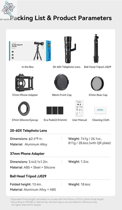 APEXEL Zoom Lens 20x-60x Telephoto Telescope Lenses Universal High Power Tele for Bird-watching Camping iPhone Android Phones Ai-TechWorld 