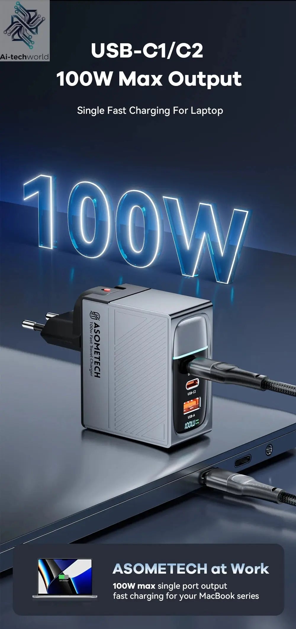 ASOMETECH 100W GaN Charger QC4.0 PD 67W 65W PPS Display Ai-TechWorld 