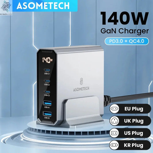 ASOMETECH 140W GaN USB Type C Fast Charger Multiple Ports QC4.0 PD Quick Charger For Macbook Laptop Tablet iPhone 14 Samsung S23 Ai-TechWorld 