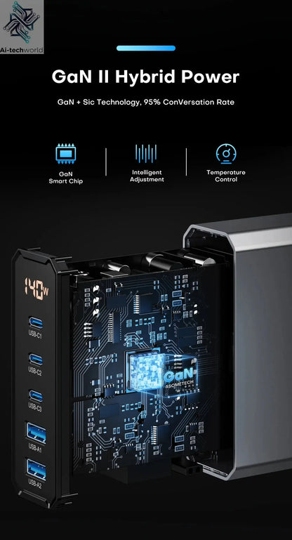 ASOMETECH 140W GaN USB Type C Fast Charger Multiple Ports QC4.0 PD Quick Charger For Macbook Laptop Tablet iPhone 14 Samsung S23 Ai-TechWorld 