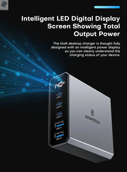 ASOMETECH 140W GaN USB Type C Fast Charger Multiple Ports QC4.0 PD Quick Charger For Macbook Laptop Tablet iPhone 14 Samsung S23 Ai-TechWorld 